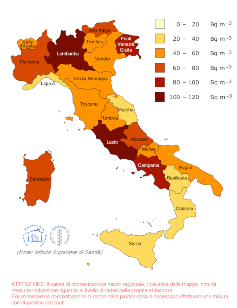 Concentrazione Gas Radon in Italia - Fonte-Istituto Superiore di Sanità